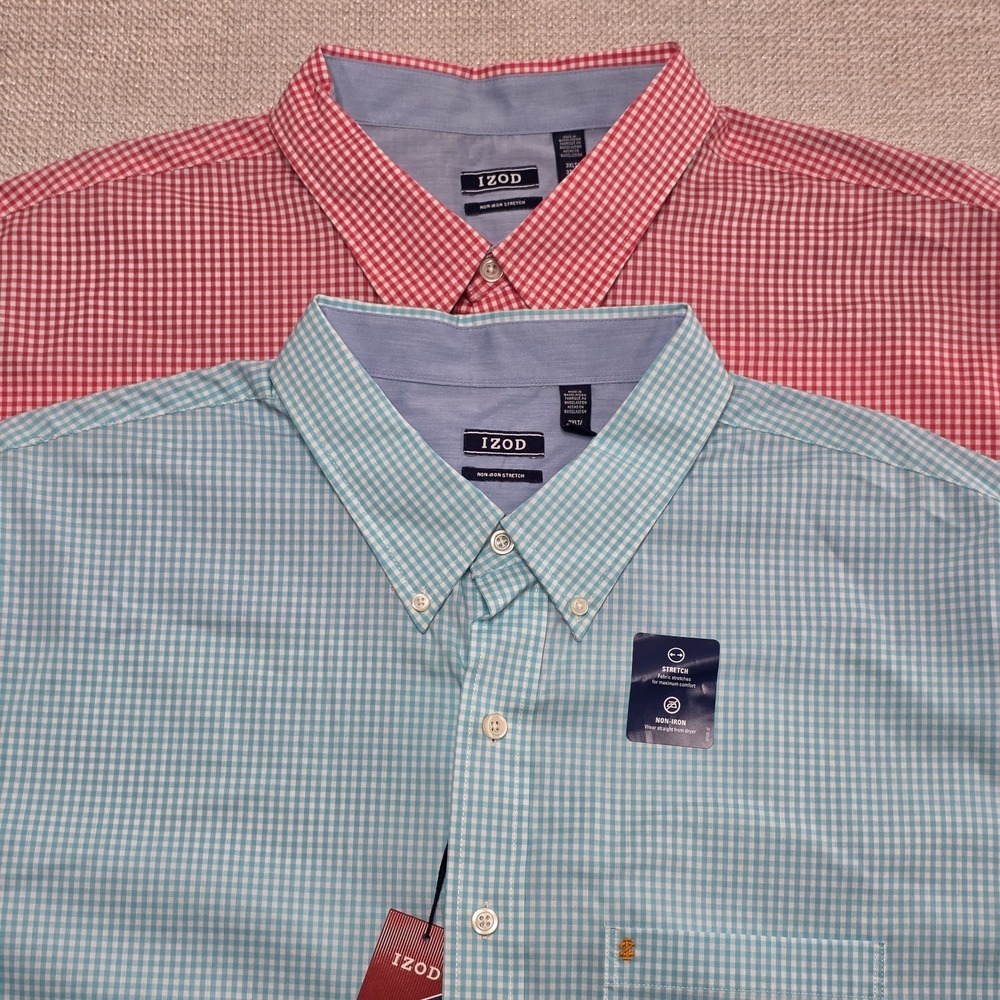 2 X IZOD Shirt Men's 3XLT Tall Non-Iron Stretch Button Down Gingham Long Sleeve